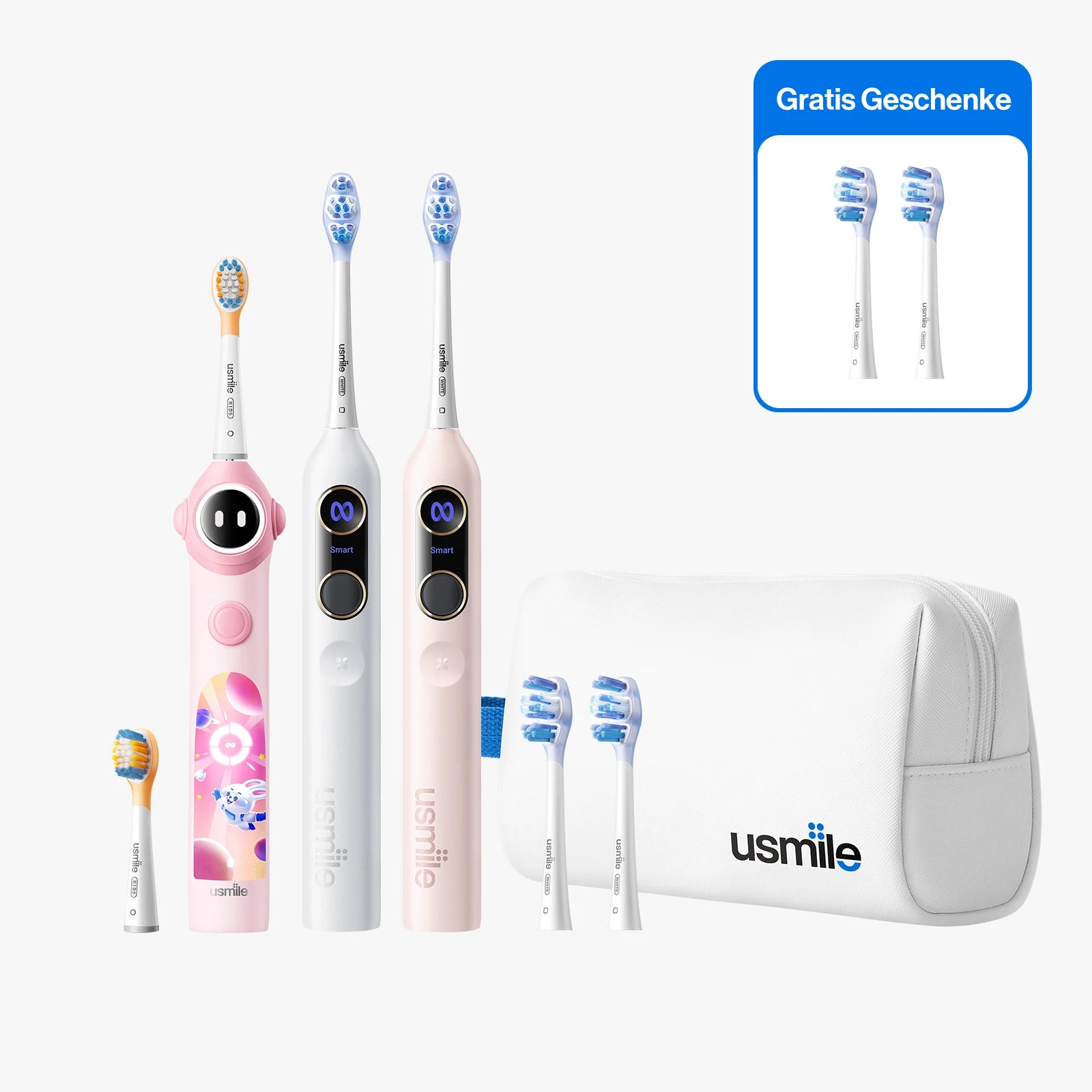 usmile Premium Familien-Set Y20 PRO Duo + Q10 mit wasserfester Kulturtasche